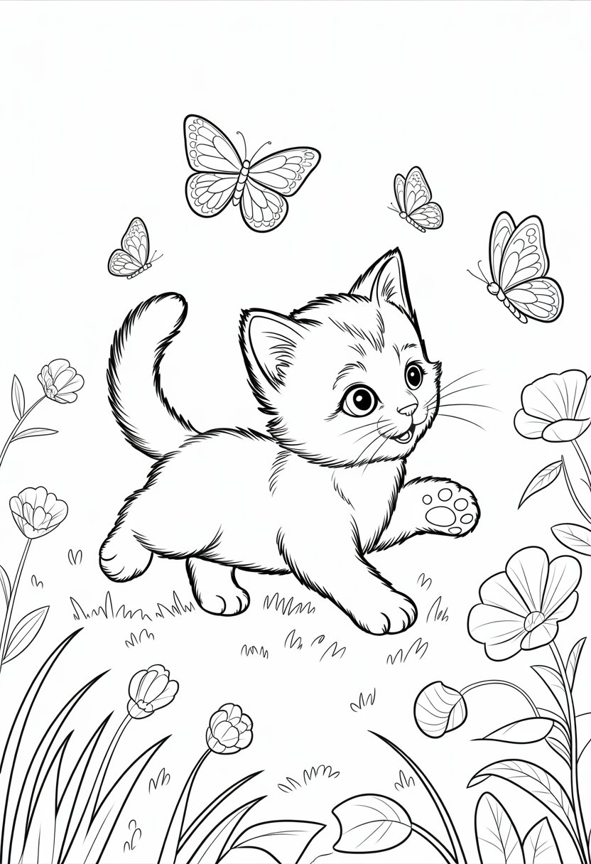 Printable Cute Cat Coloring Pages 20 Best Designs for All Ages 30 A kitten playfully chasing butterflies in a garden with flowers and grass.